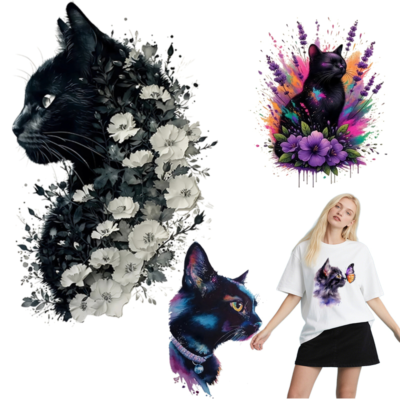 3D Printing Vinyl - 動物熱転写プリント白インクホットスタンプ風景と猫DIYフーディデニムジャケットビニールパッチ洗濯可能