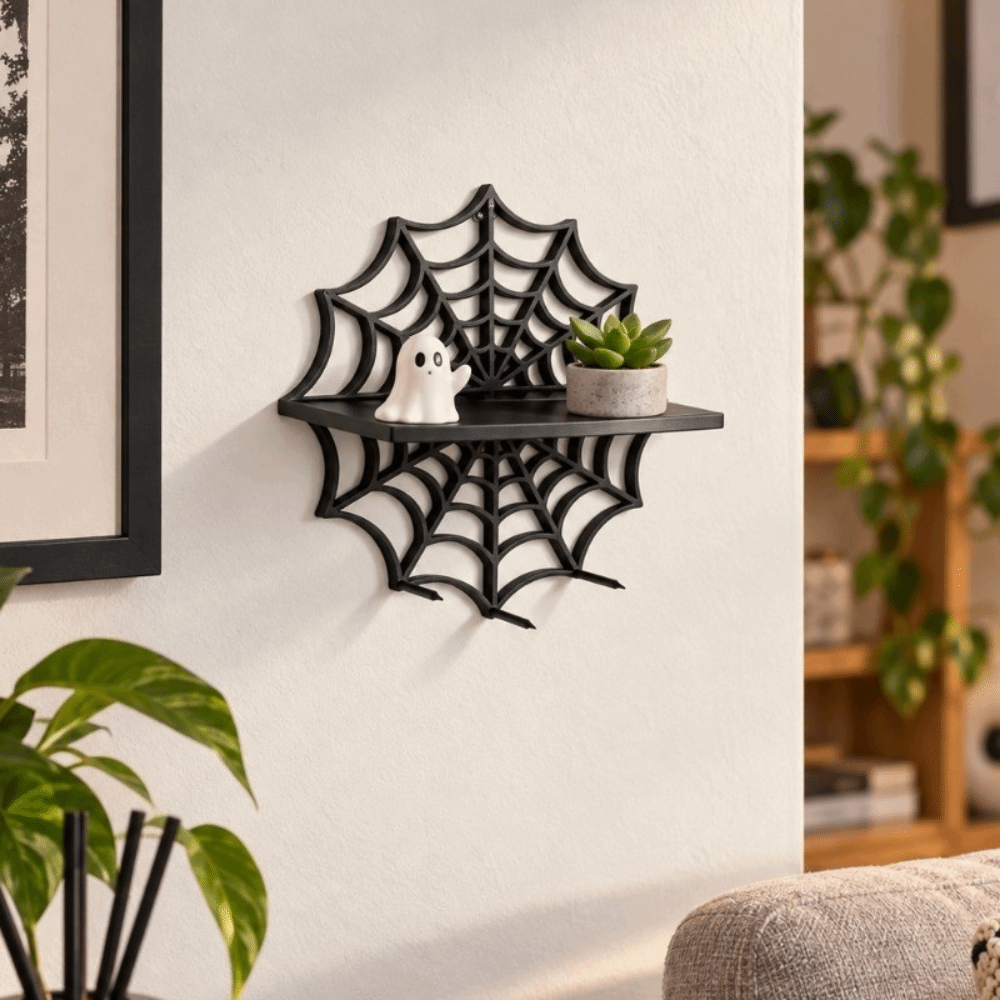 3D Printing Web - 耐久性に優れた3Dプリント製のハロウィーン装飾品。壁に取り付けて使える、蜘蛛の巣模様の黒い収納棚。ゴシック調の装飾が施された壁掛け式の棚で、寝室に最適。