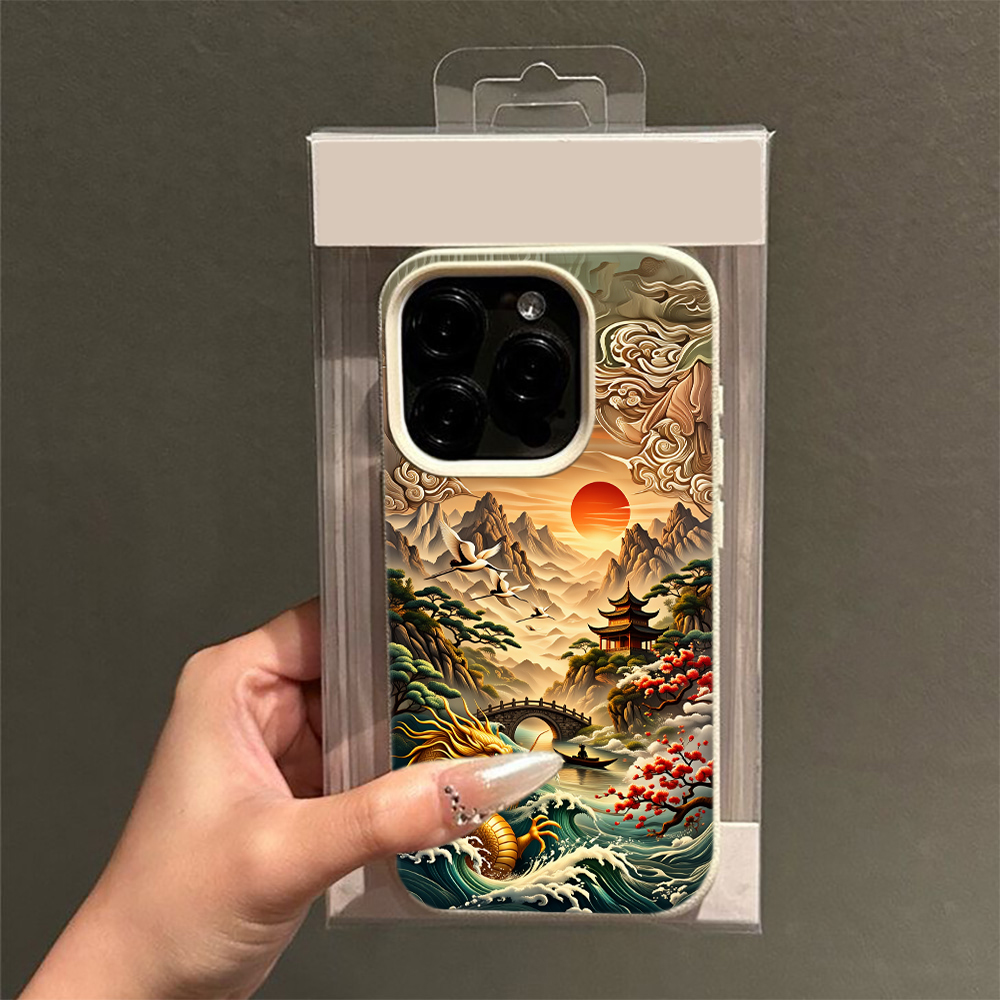 3D Printing Quote - 中国風の風景と太陽をモチーフにした、高級感のあるiPhone用ケース。男性向け。対応機種：iPhone 18、17、16、15、14、13、12、11 Pro Max、Plus。柔らかいTPU素材。