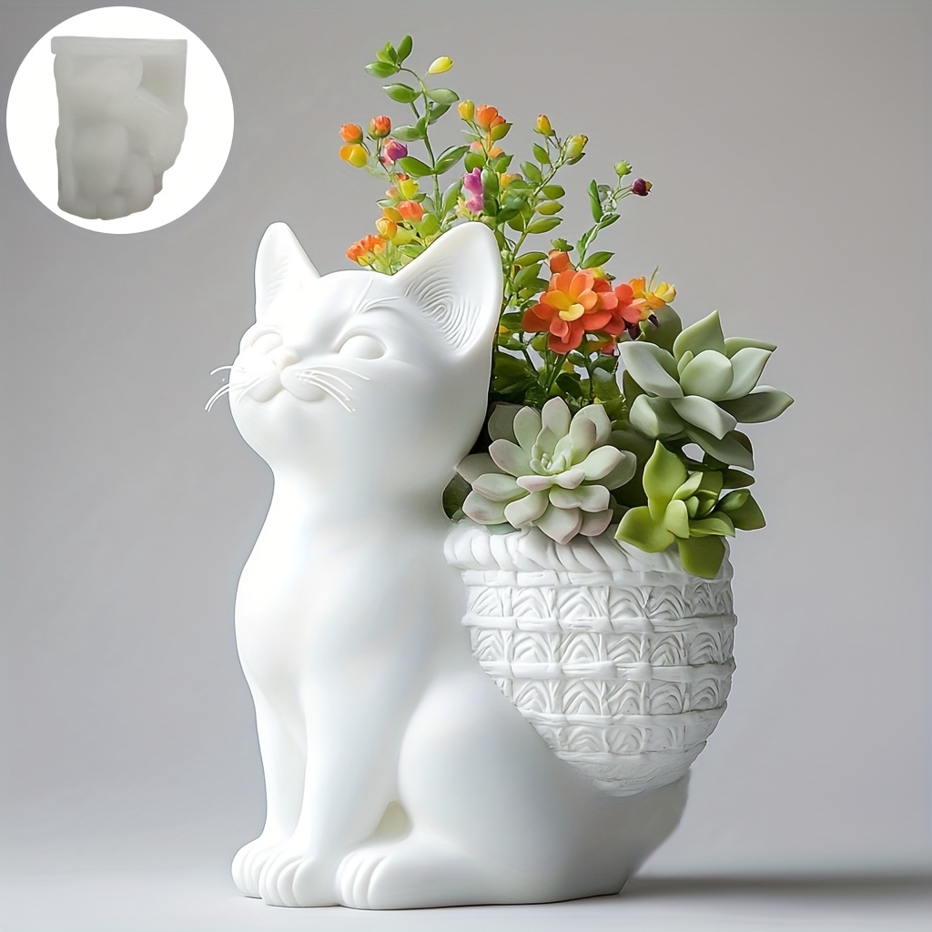 3D Printing Concrete - DIY 3Dしゃがむ猫型多肉植物植木鉢樹脂シリコンモールド可愛い猫型花瓶収納ボックスペンホルダー石膏モールドクラフトモールド