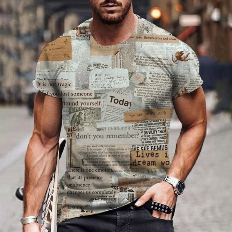 3D Printing Journal - 新聞ジャーナルパターン Tシャツ男性用カラフルな 3D プリント Tシャツ夏半袖特大ストリートトップススポーツ Tシャツ