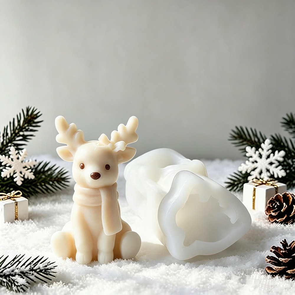 3D Printing Concrete - 座っているトナカイのシリコンキャンドルモールド - 3DクリスマスエルクDIYアロマキャンドル石膏モールド、ホームデコレーションギフト